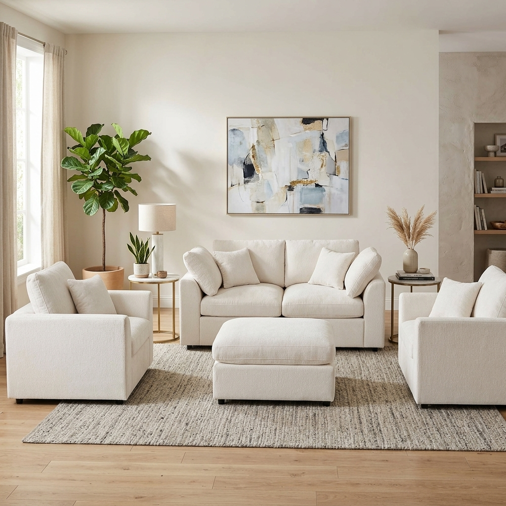 Chenille 4-Piece Sofa Set with Accent Chairs and Movable Ottoman - Grey