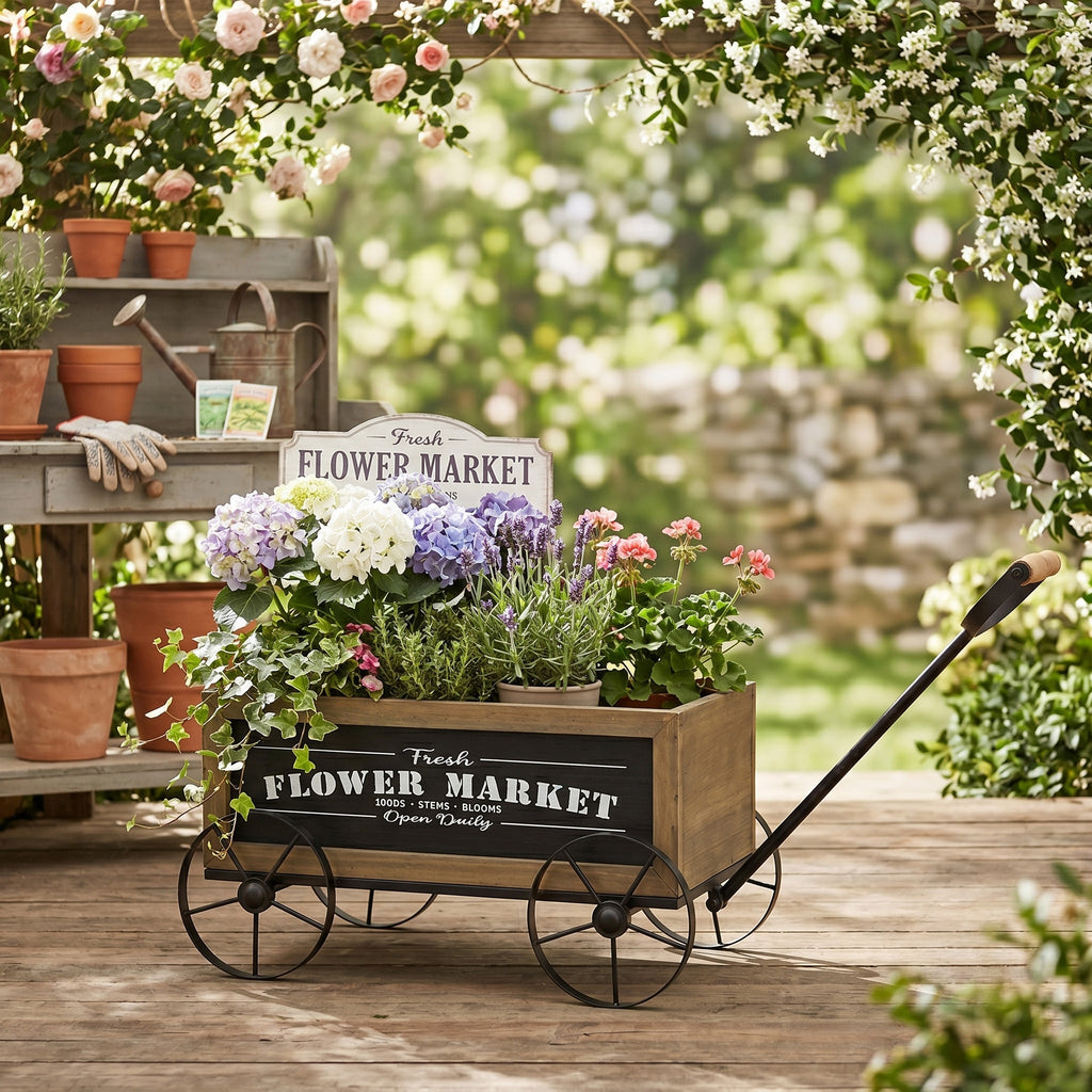 Rustic Wooden Wagon Planter with Metal Wheels - Brown Black