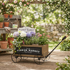 Rustic Wooden Wagon Planter with Metal Wheels - Brown Black