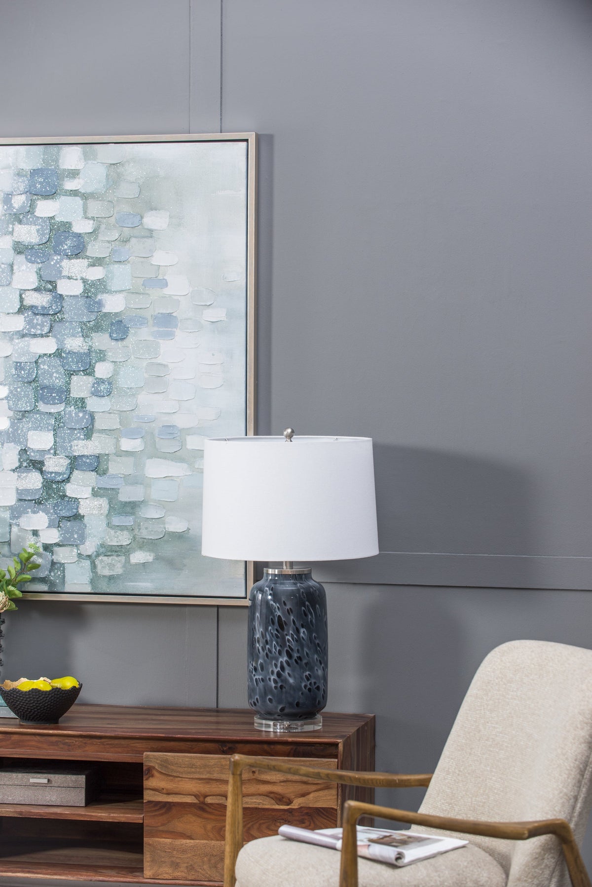 Ellis Glass Table Lamp with Blue Base and Linen Shade