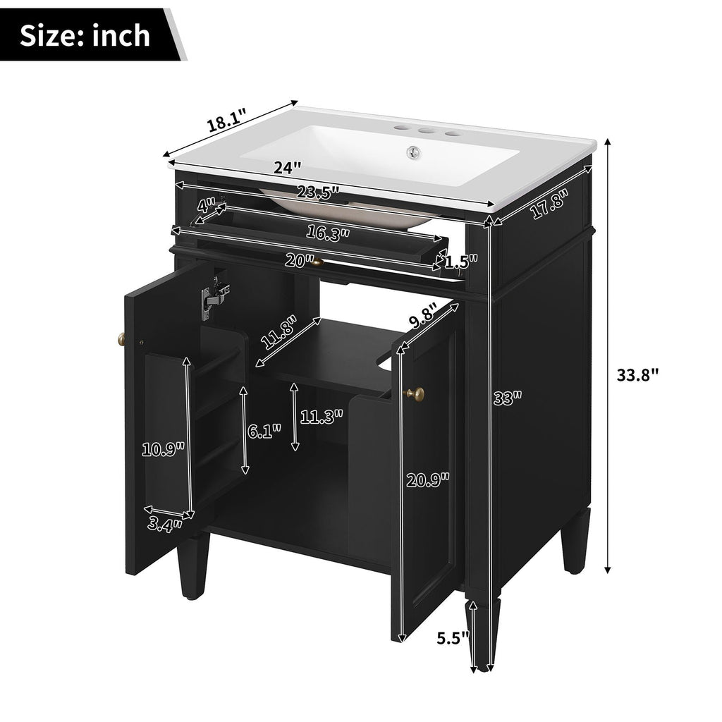 Bathroom Vanity with Solid Wood Frame and Tip Out Drawer - Black, White, Dark Green