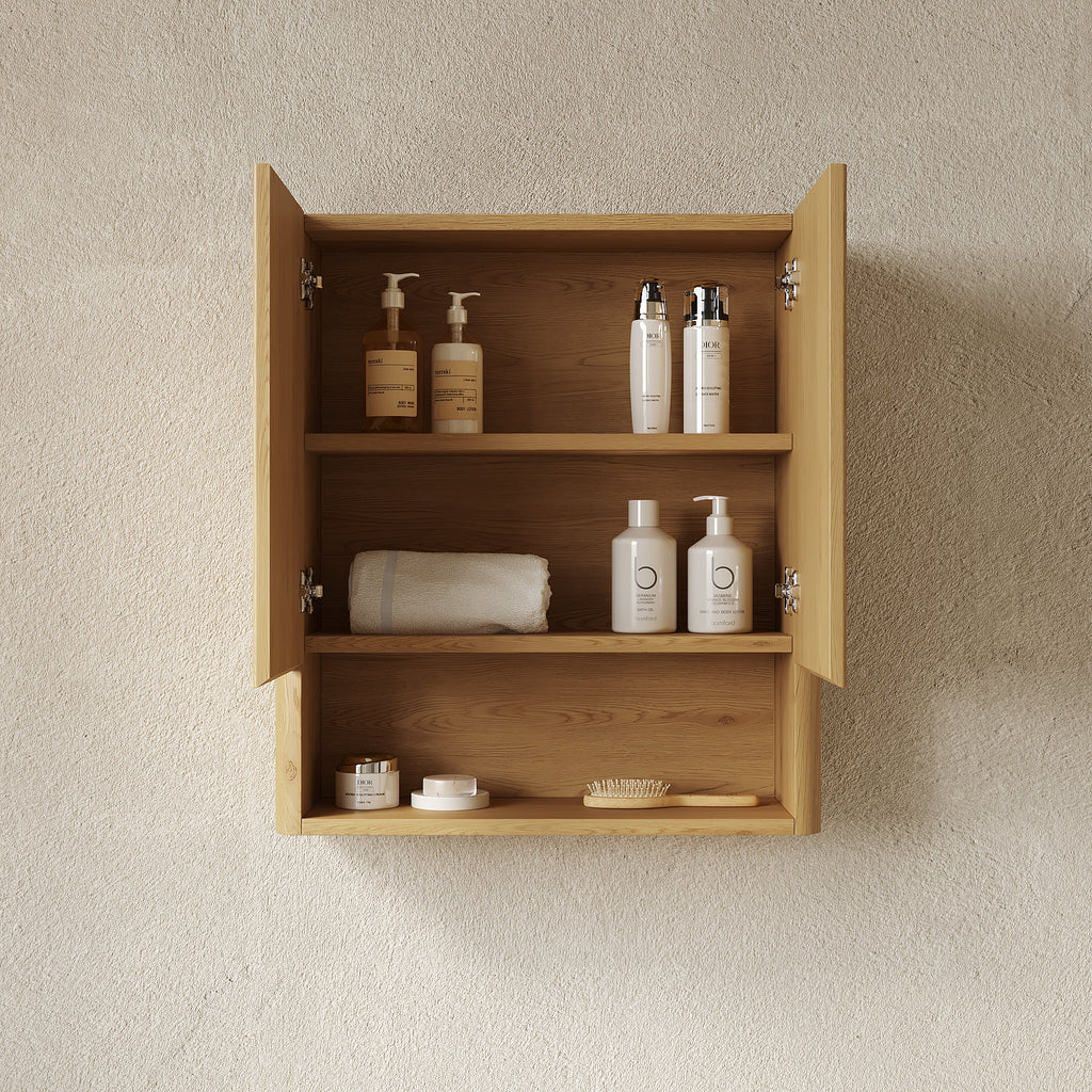 26" Wall-Mounted Bathroom Cabinet with Solid Wood Striped Doors - Natural Finish