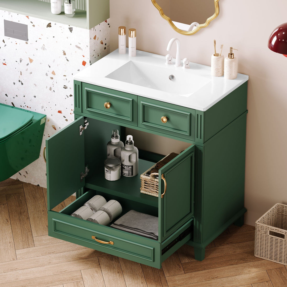 Bathroom Vanity with Sink and Storage Cabinet - White, Blue, or Dark Green
