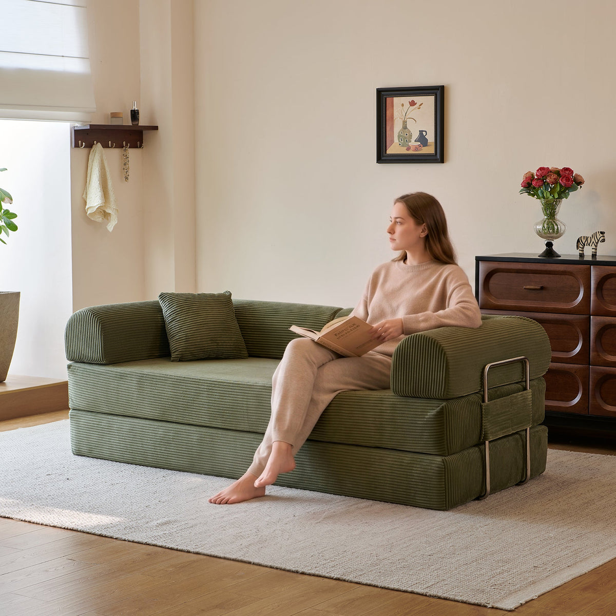 78.8" Compression Sofa - Convertible Floor Sofa Bed with Plush Fabric - Green
