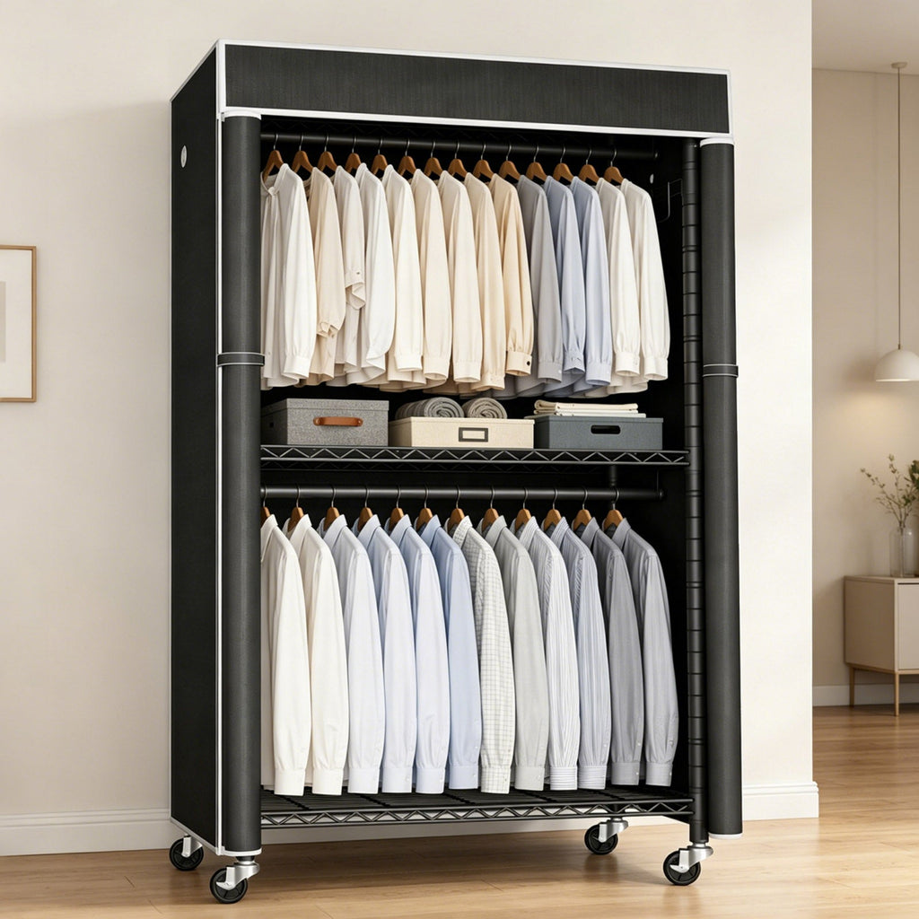 Freestanding Garment Rack with Dust Cover – Iron Frame, Mobile - Black