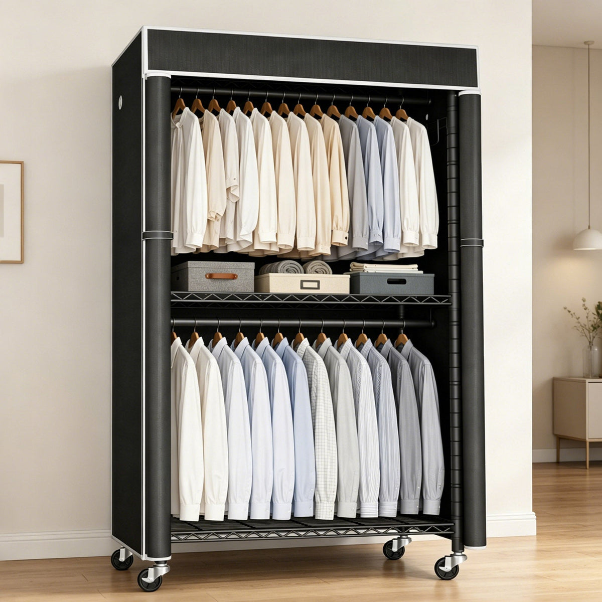 Freestanding Garment Rack with Dust Cover – Iron Frame, Mobile - Black