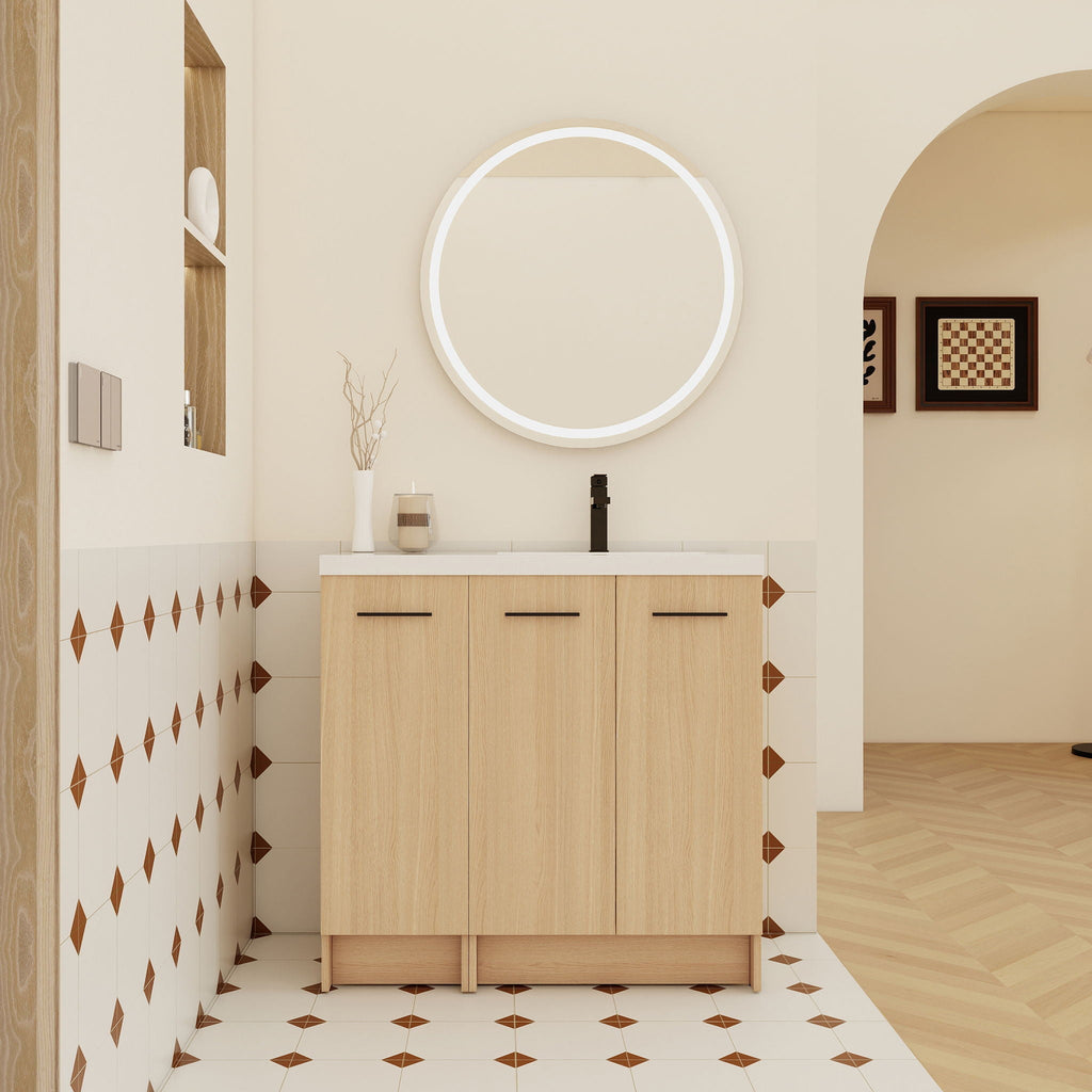 Wall Mounted Floating Bathroom Vanity with Modular 3-Door Cabinet - Light Brown