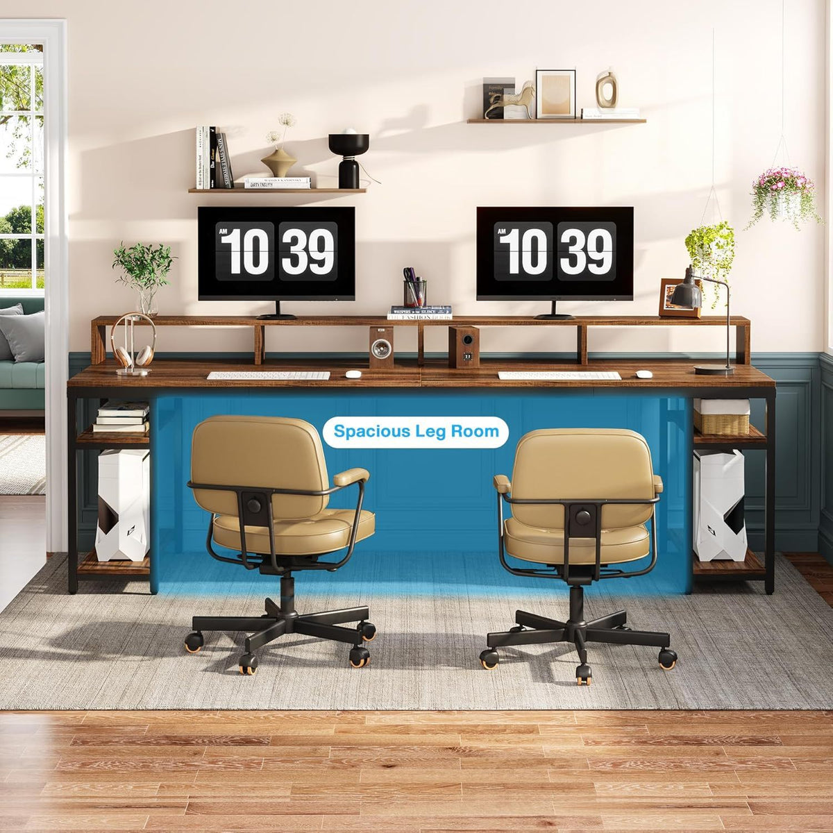 2 Person Desk with Monitor Stand and Dual Storage - Brown / Black