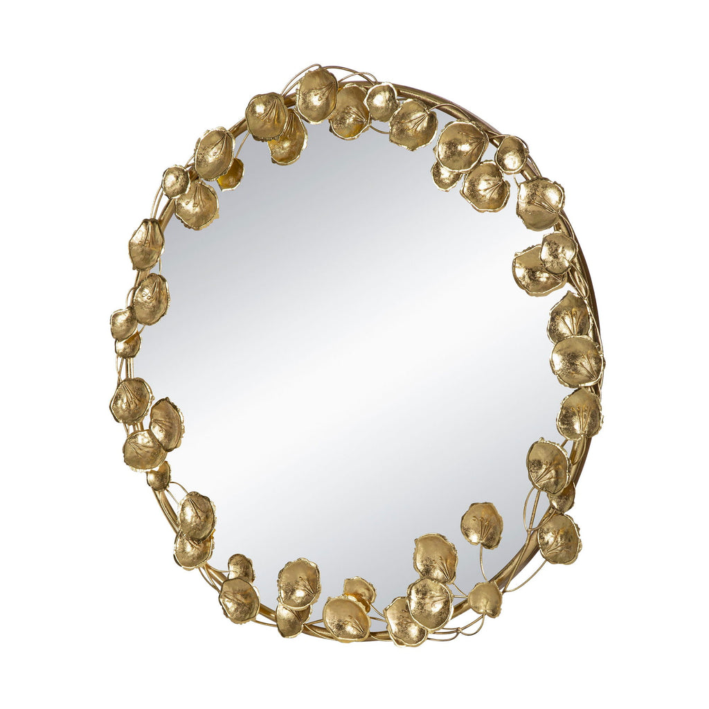 Round Metal Wall Mirror With Leaf Accents in Gold