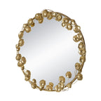 Round Metal Wall Mirror With Leaf Accents in Gold