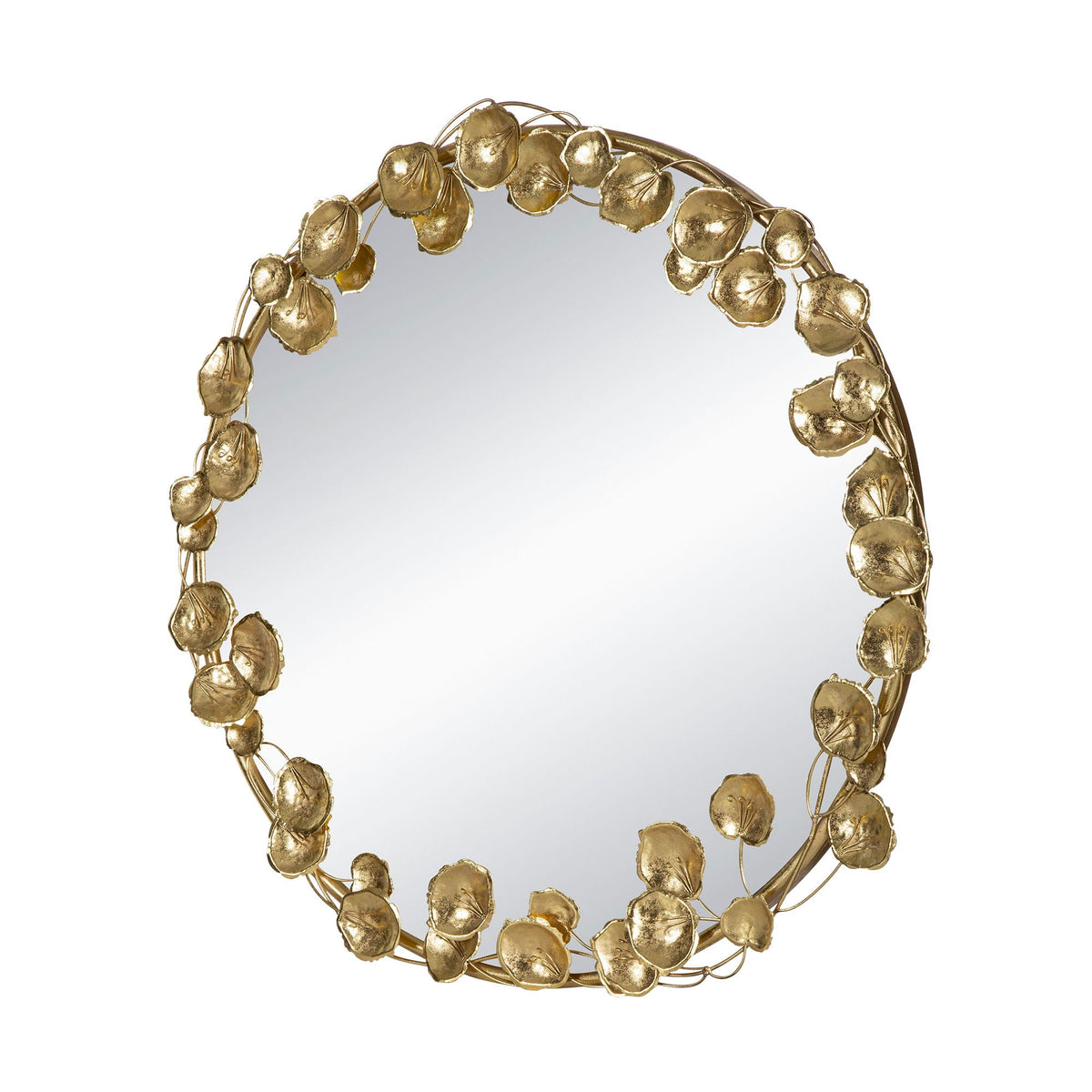 Round Metal Wall Mirror With Leaf Accents in Gold
