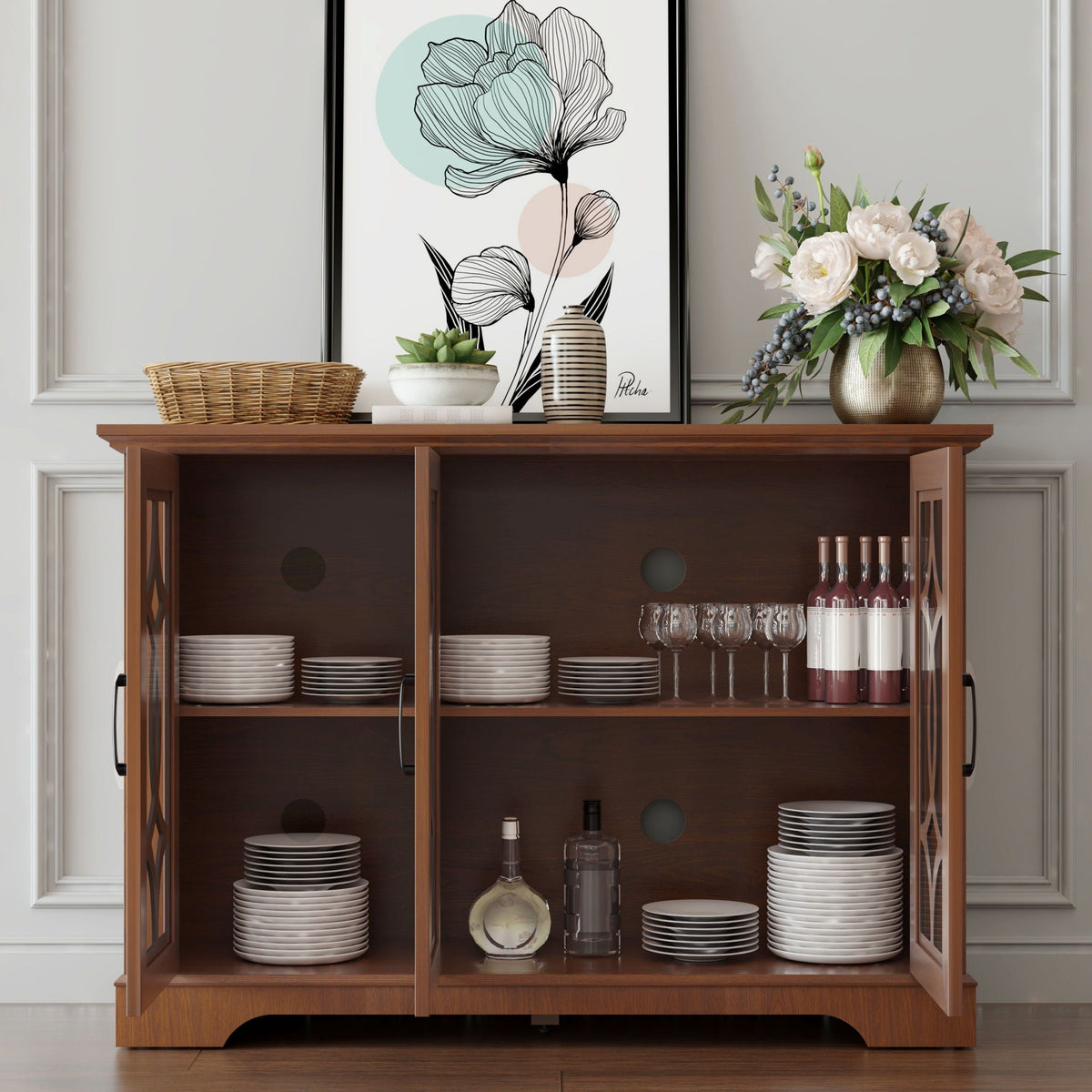 Modern Sideboard with Glass Doors and Adjustable Shelves - Dark Oak