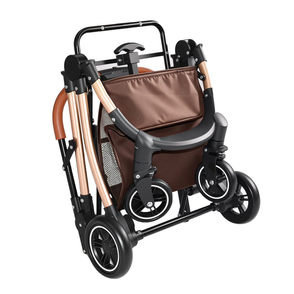 2-in-1 Foldable Pet Stroller with Sun Canopy - Khaki & Gold