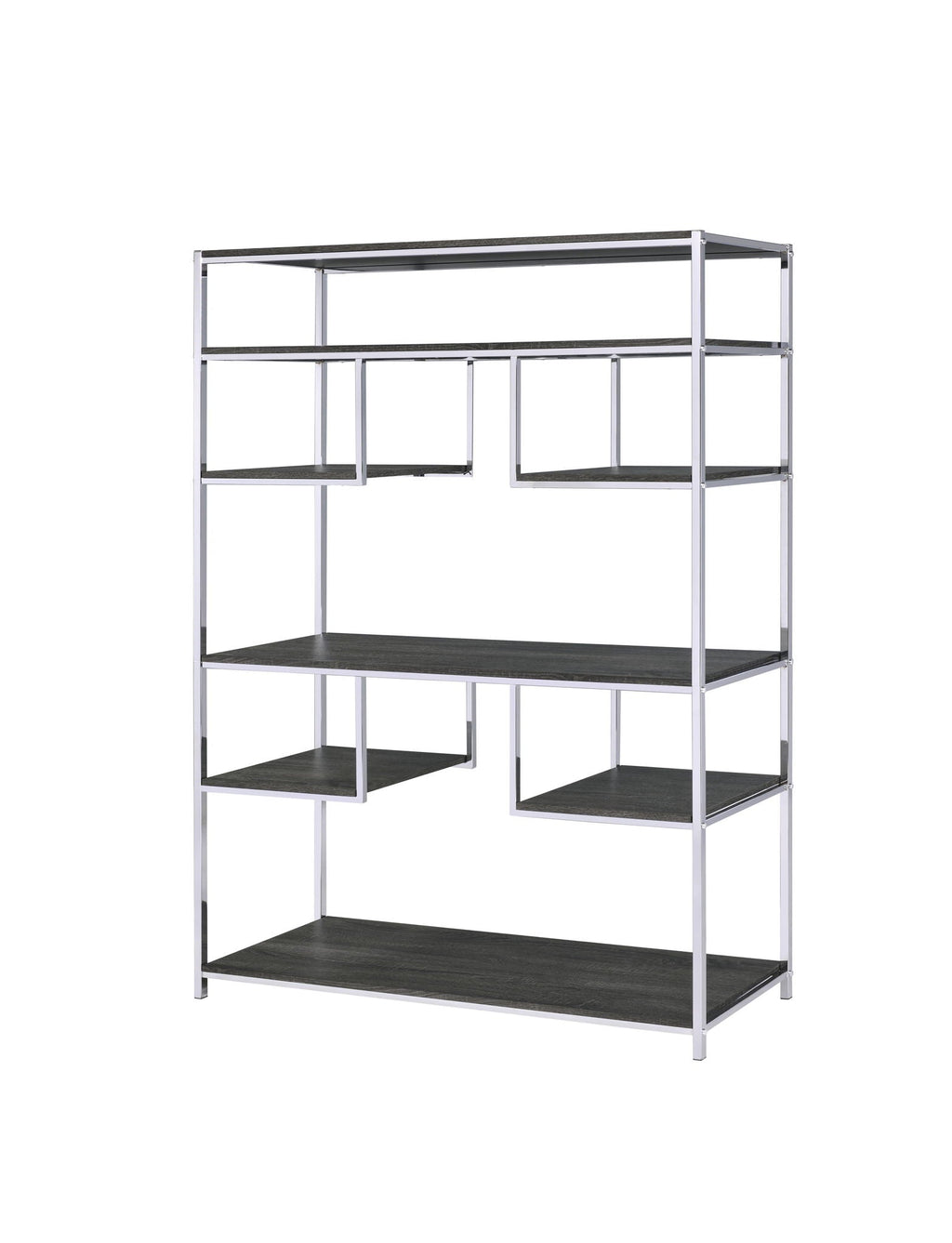 Gray Oak Bookshelf with Chrome Frame and 7 Open Shelves - Gray