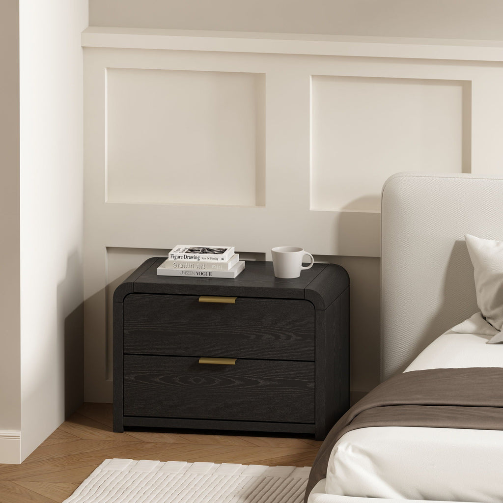 Modern Minimalist Solid Wood Nightstand with Two Drawers - Light Brown or Black
