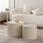 Beige Nesting Coffee Table Set of 2 – Modern Drum Side Tables with Wave Design - Beige