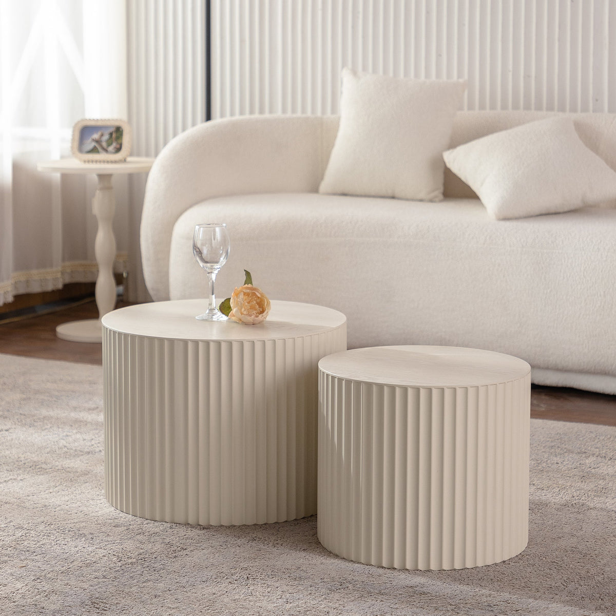 Beige Nesting Coffee Table Set of 2 – Modern Drum Side Tables with Wave Design - Beige