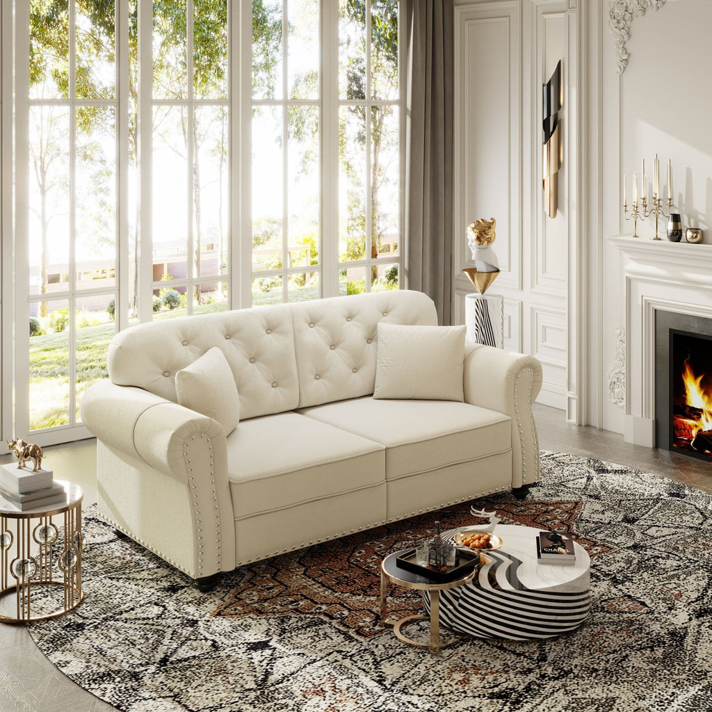 Upholstered Chesterfield Sofa with Nailhead Trim and Rolled Armrests - Fabric