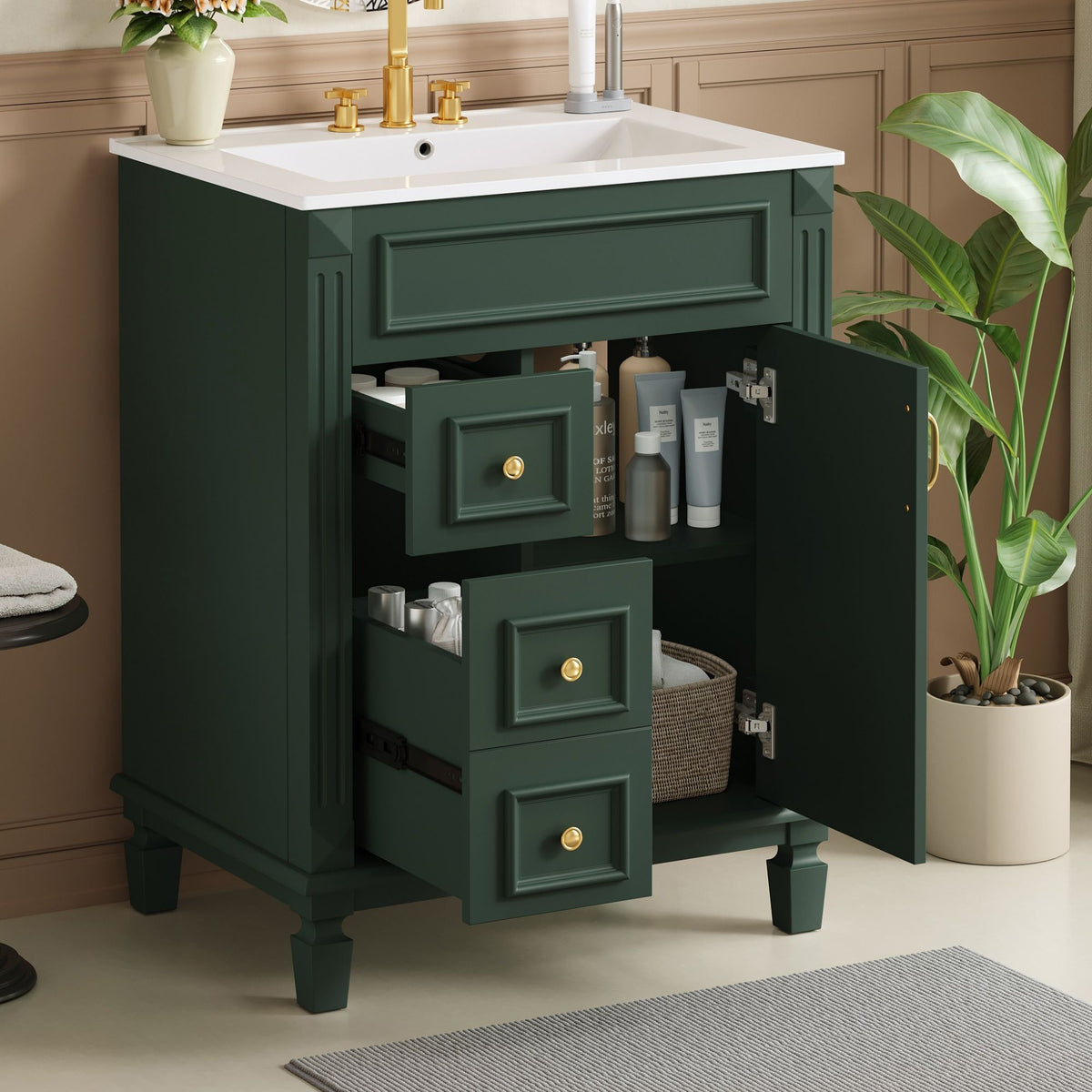 Compact Bathroom Vanity with Ceramic Sink and Storage Drawers - White, Green, Black