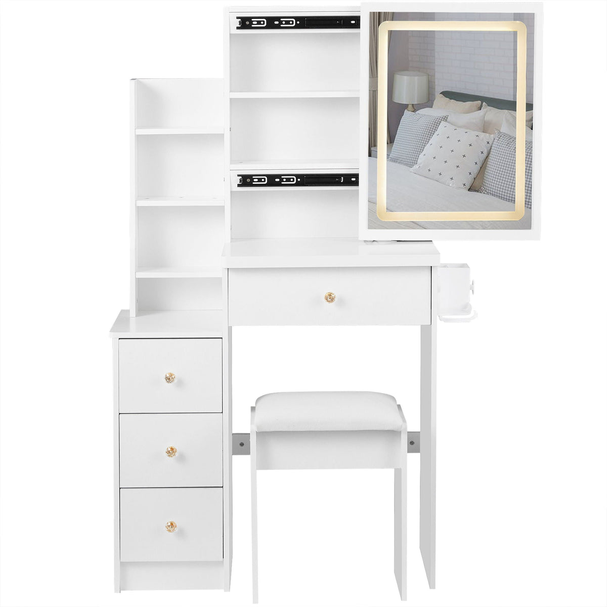 White Vanity Set with USB Power Station and Cushioned Stool