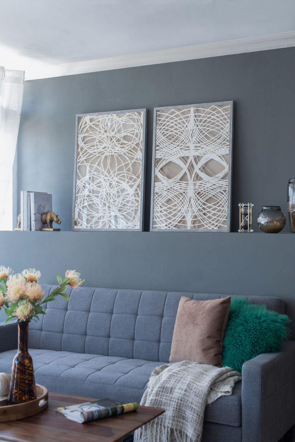 Leaf Shadow Box Wall Decor Set with Intricate Paper Design - White / Gray