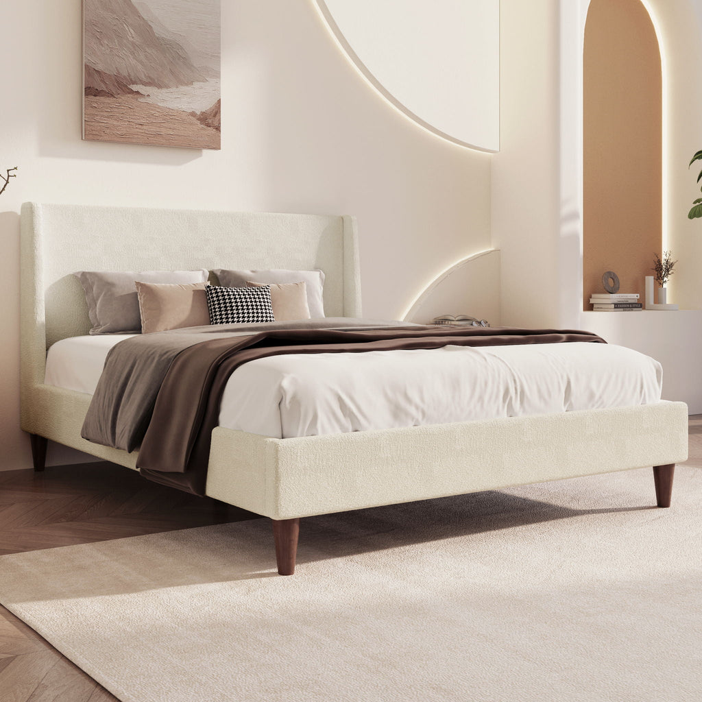 Upholstered Modern Platform Bed with Wingback Headboard - Beige or White