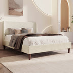 Upholstered Modern Platform Bed with Wingback Headboard - Beige or White