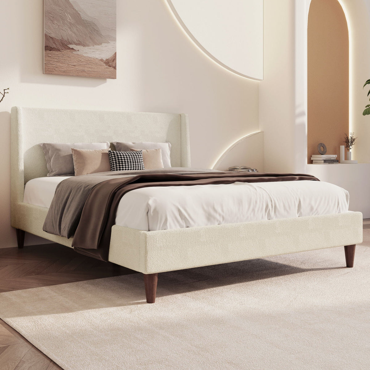Upholstered Modern Platform Bed with Wingback Headboard - Beige or White