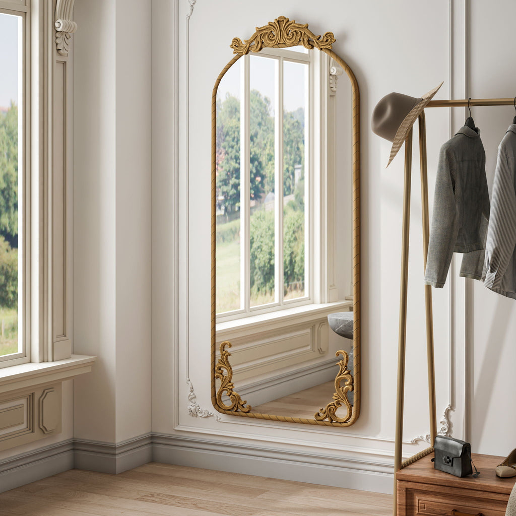Full Body Arched Mirror with Vintage Carved Applique - Bronze or Pearl Silver