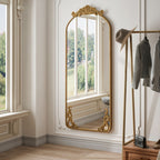 Full Body Arched Mirror with Vintage Carved Applique - Bronze or Pearl Silver