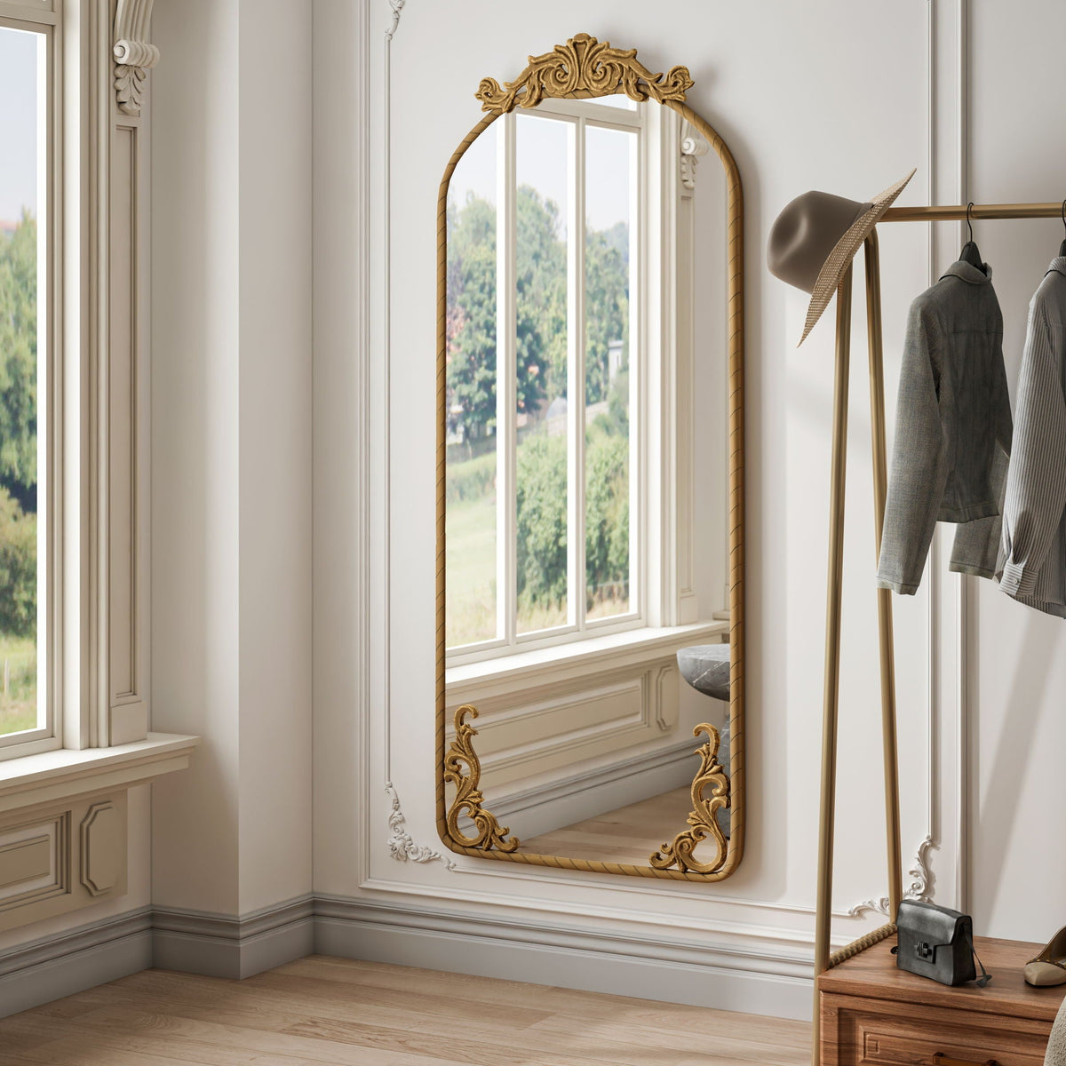 Full Body Arched Mirror with Vintage Carved Applique - Bronze or Pearl Silver