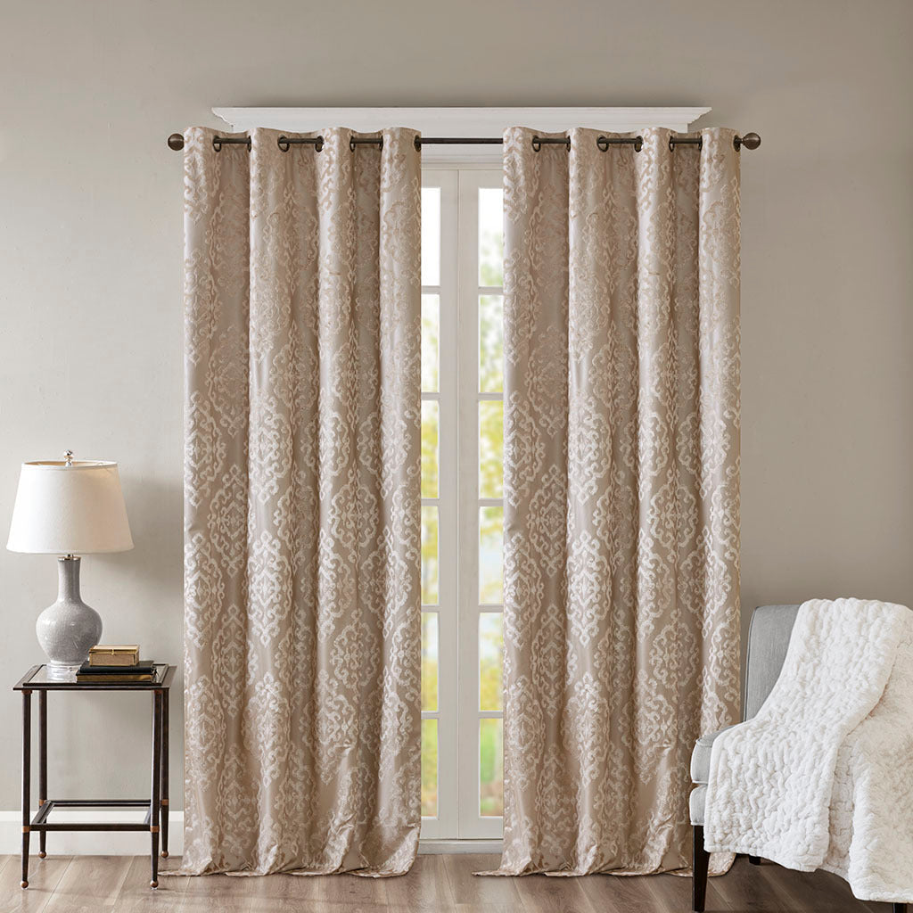 Knitted Jacquard Damask Total Blackout Grommet Top Curtain Panel - Champagne