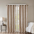 Knitted Jacquard Damask Total Blackout Grommet Top Curtain Panel - Champagne