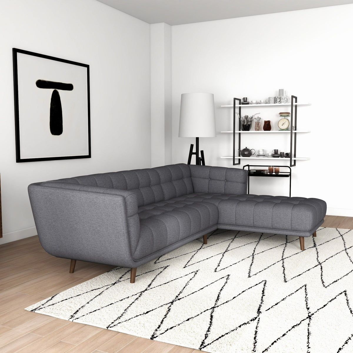 L Shape Sectional Sofa Tufted with Mid-Century Modern Design - Dark Gray or Beige
