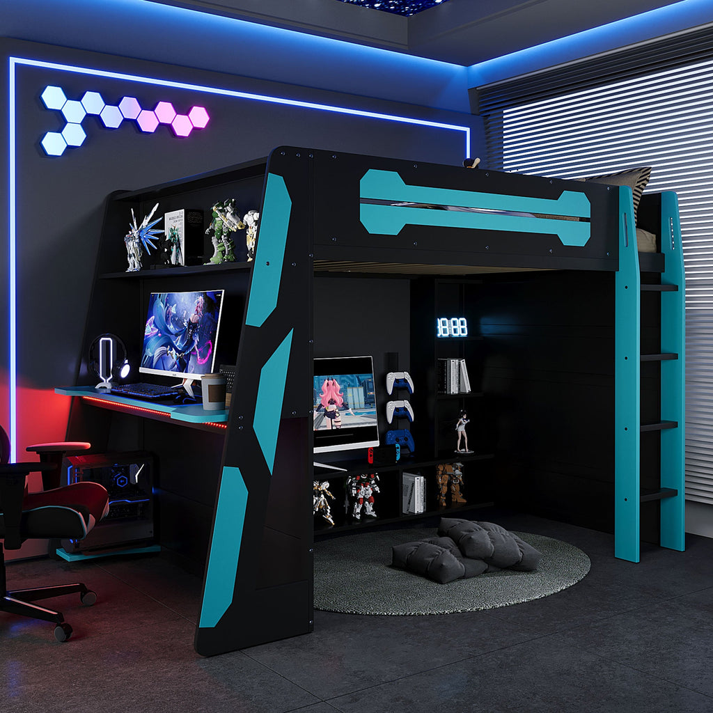 Full Size Wood Loft Bed with Desk and RGB Light - Cloud