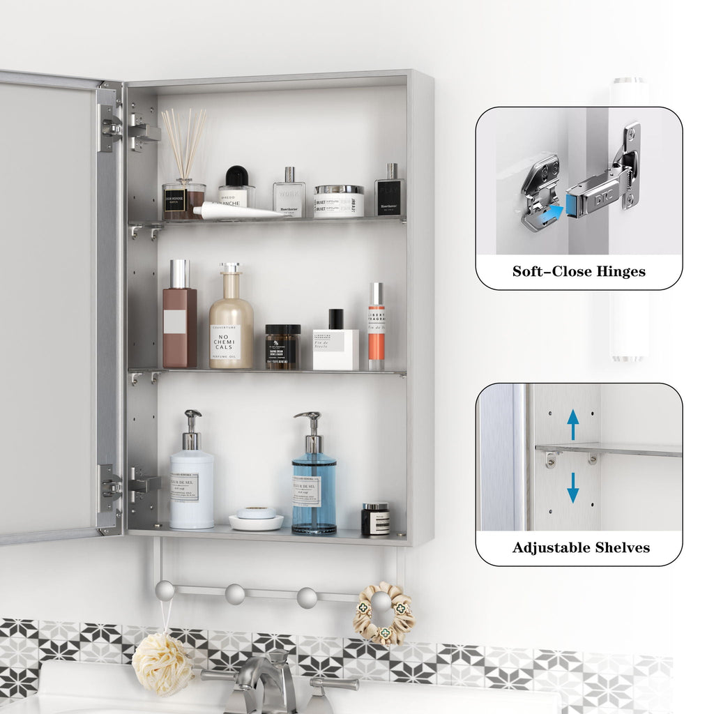 Silver Medicine Cabinet with Mirror and Adjustable Storage Shelves