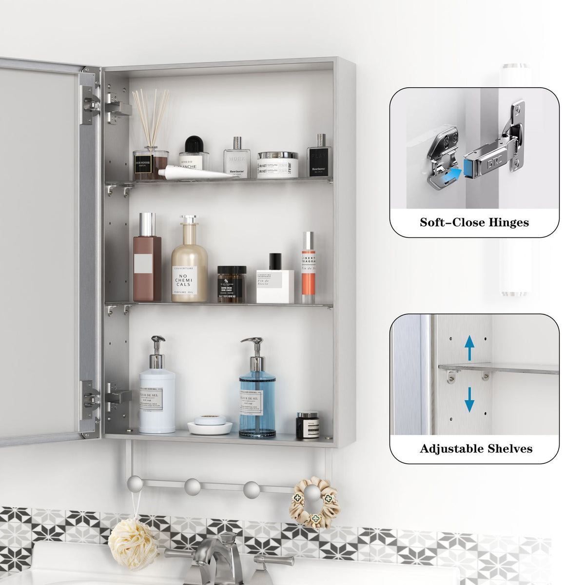Silver Medicine Cabinet with Mirror and Adjustable Storage Shelves