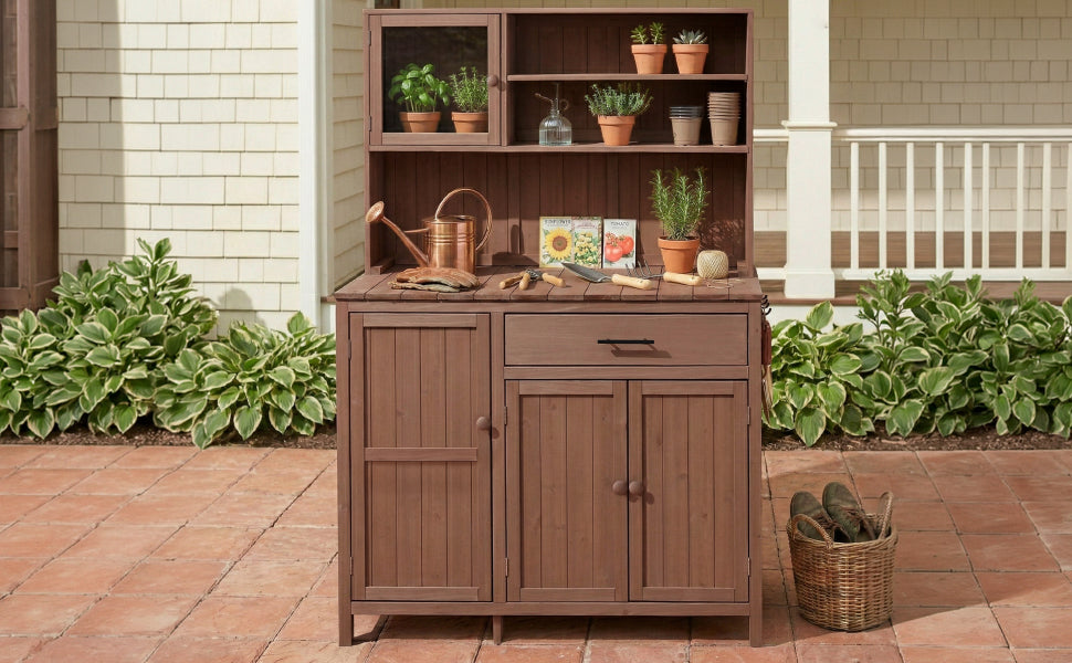 Solid Fir Wood Potting Bench with Hutch - Brown or Gray