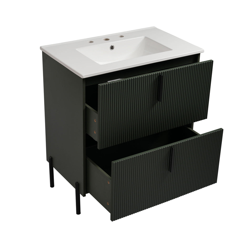 Bathroom Vanity With Ceramic Sink and Fluted Design - Dark Green, White, Light Brown