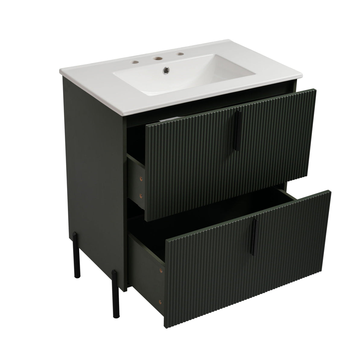 Bathroom Vanity With Ceramic Sink and Fluted Design - Dark Green, White, Light Brown