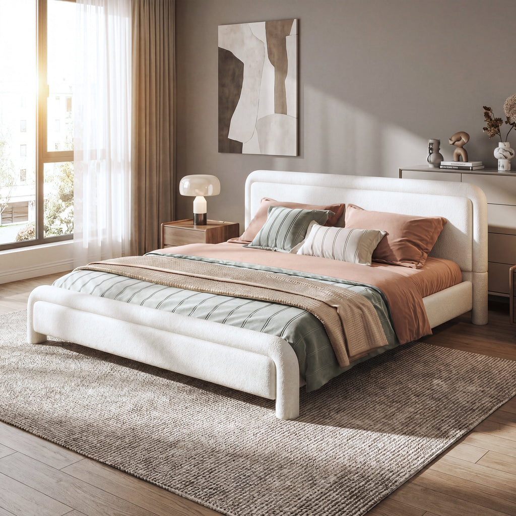 King Size Upholstered Platform Bed Frame with Curved Headboard - Boucle