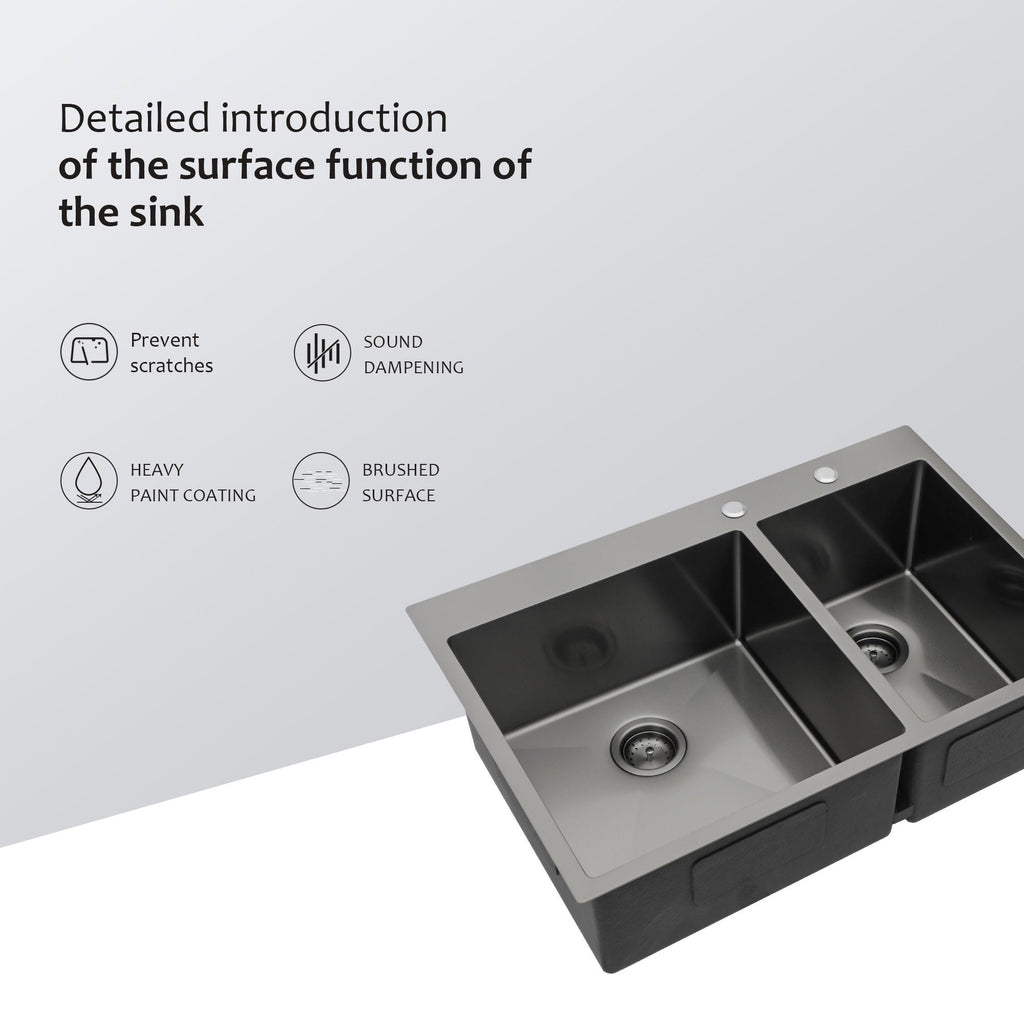 Double Bowl Kitchen Sink 16 Gauge with 2 10" Deep Basins - Gunmetal Black
