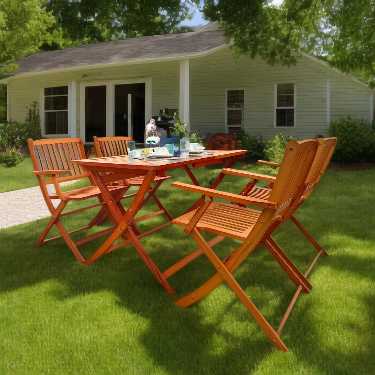 Teak 5 Piece Patio Dining Set with Folding Chairs - Solid Wood