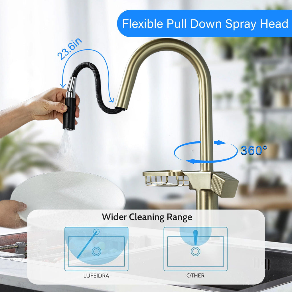 High Arc Pull Down Kitchen Faucet with Built-In Shelf - Pearl Silver or Gold