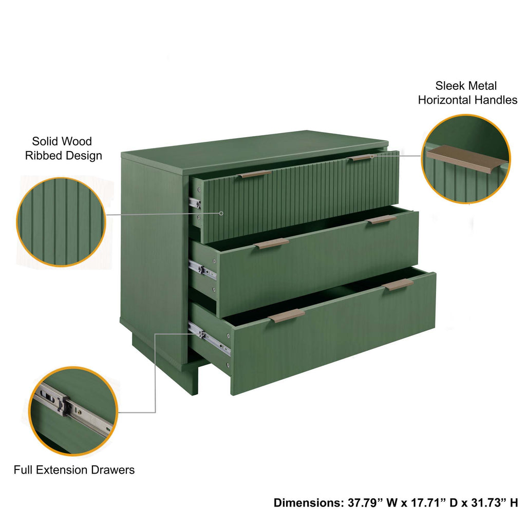Solid Wood 3 Drawer Dresser with Ribbed Fronts - Multiple Colors