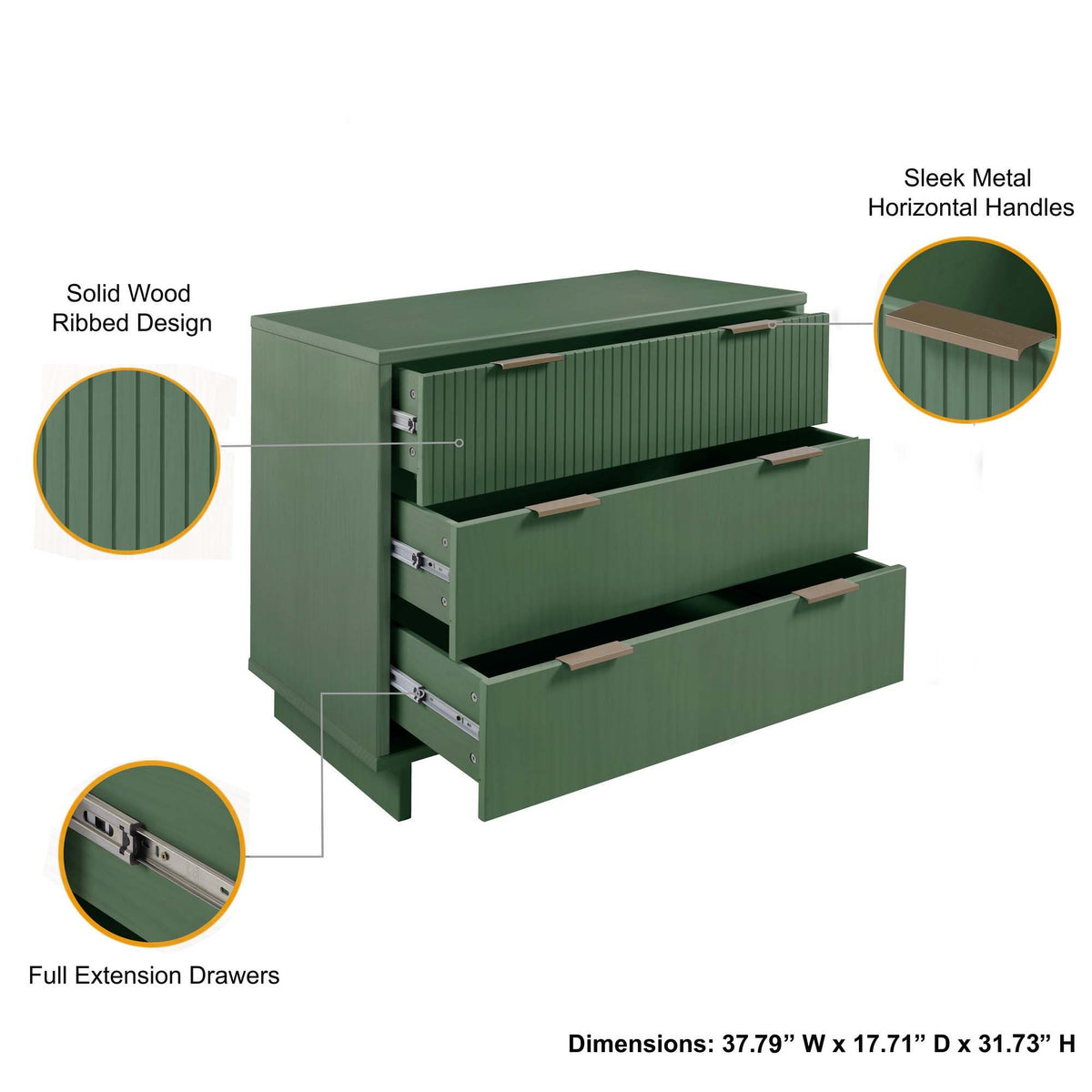 Solid Wood 3 Drawer Dresser with Ribbed Fronts - Multiple Colors