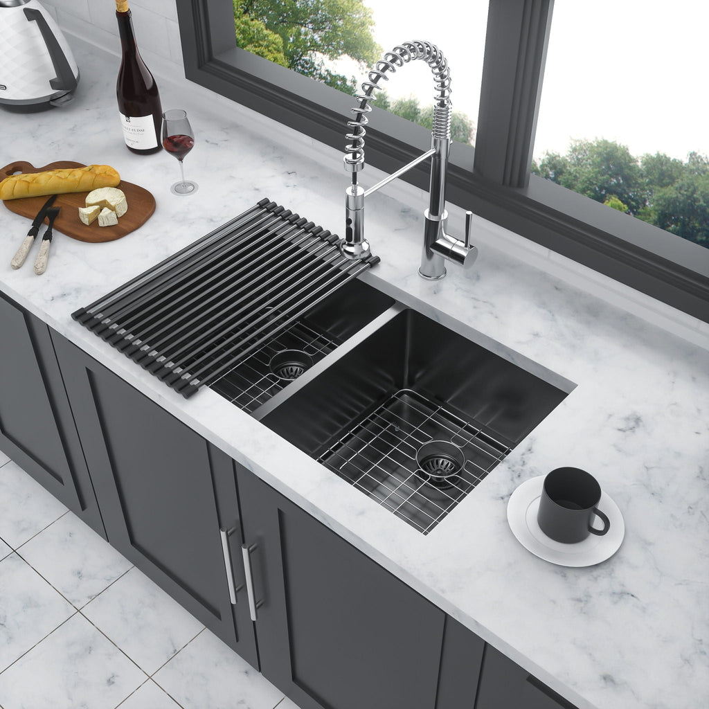 Double Bowl Undermount Kitchen Sink with Deep Dual Basins - Gunmetal Black
