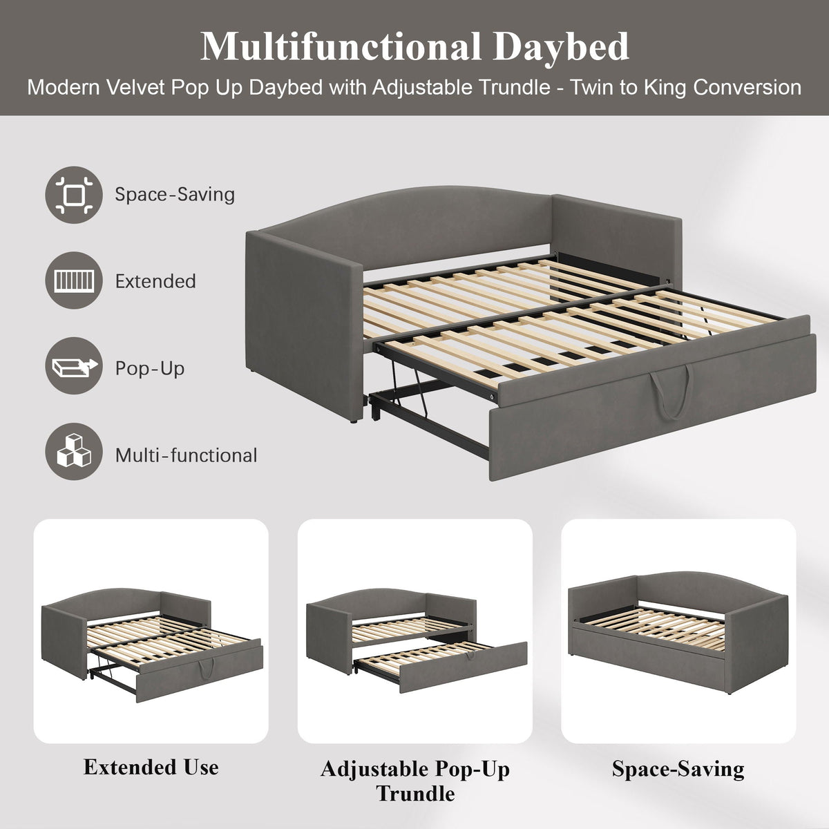 Upholstered Daybed With Pop Up Trundle Sofa Bed - Space Saving, Durable Frame - Gray or Pink