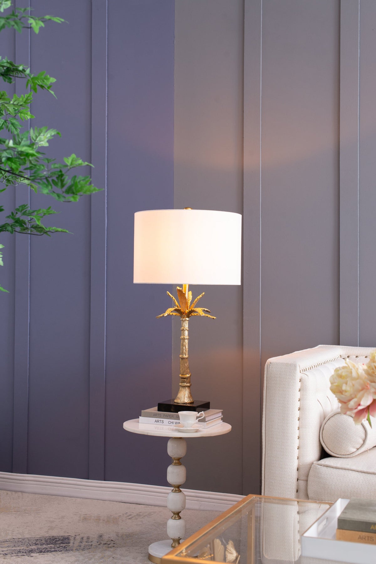 Gold Leaf Table Lamp with Marble Base - Gold