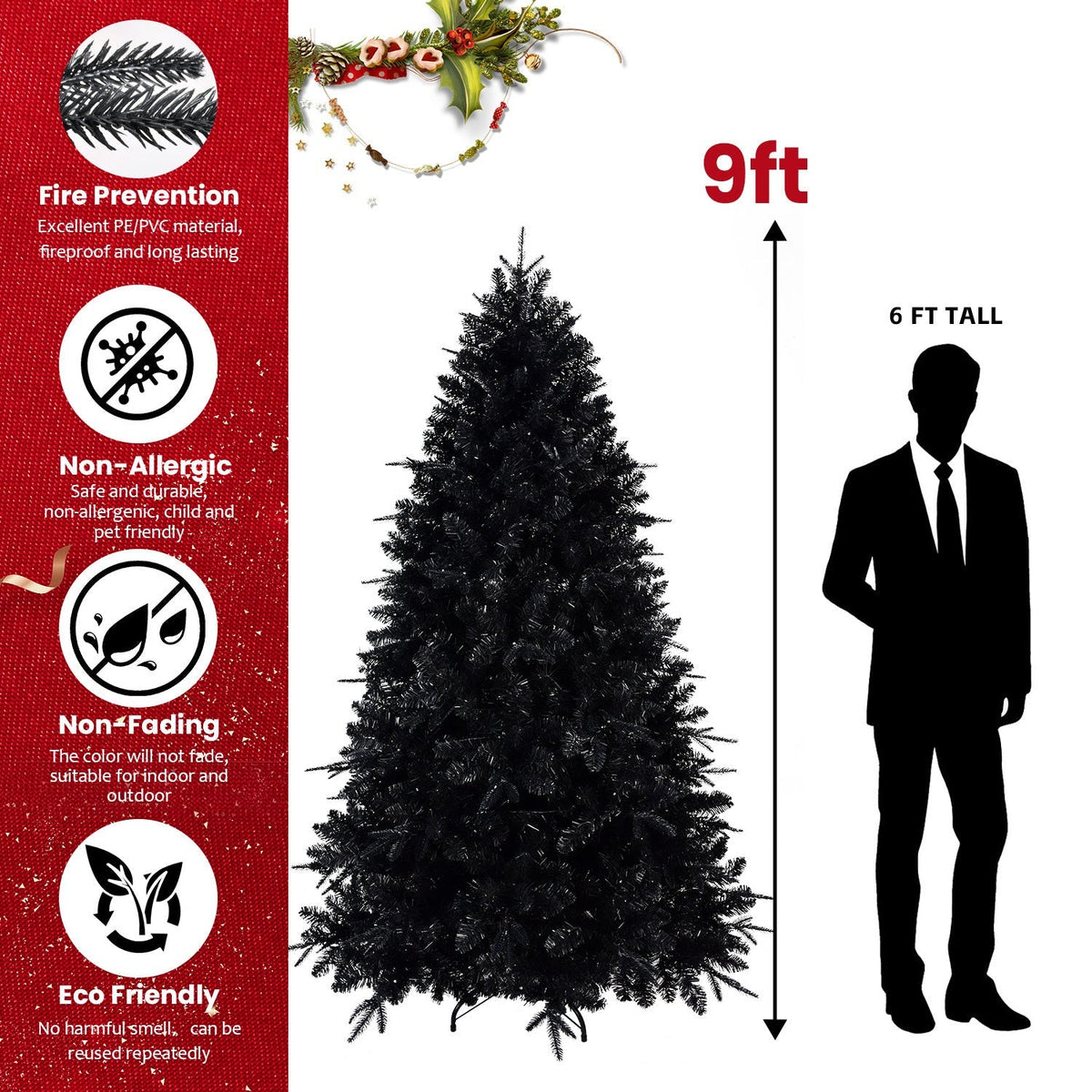 6-Foot Pre-Lit Black Christmas Tree with 350 LED Lights - Black